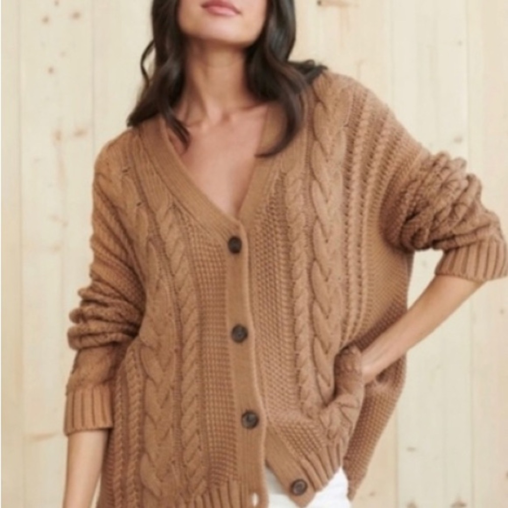 Hand Crafted Chunky Cable Knit Cardigan in Camel Brown